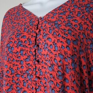 J. Jill Womens 2X Boho Lagenlook Red Floral Button Up‎ Rayon Tunic Blouse